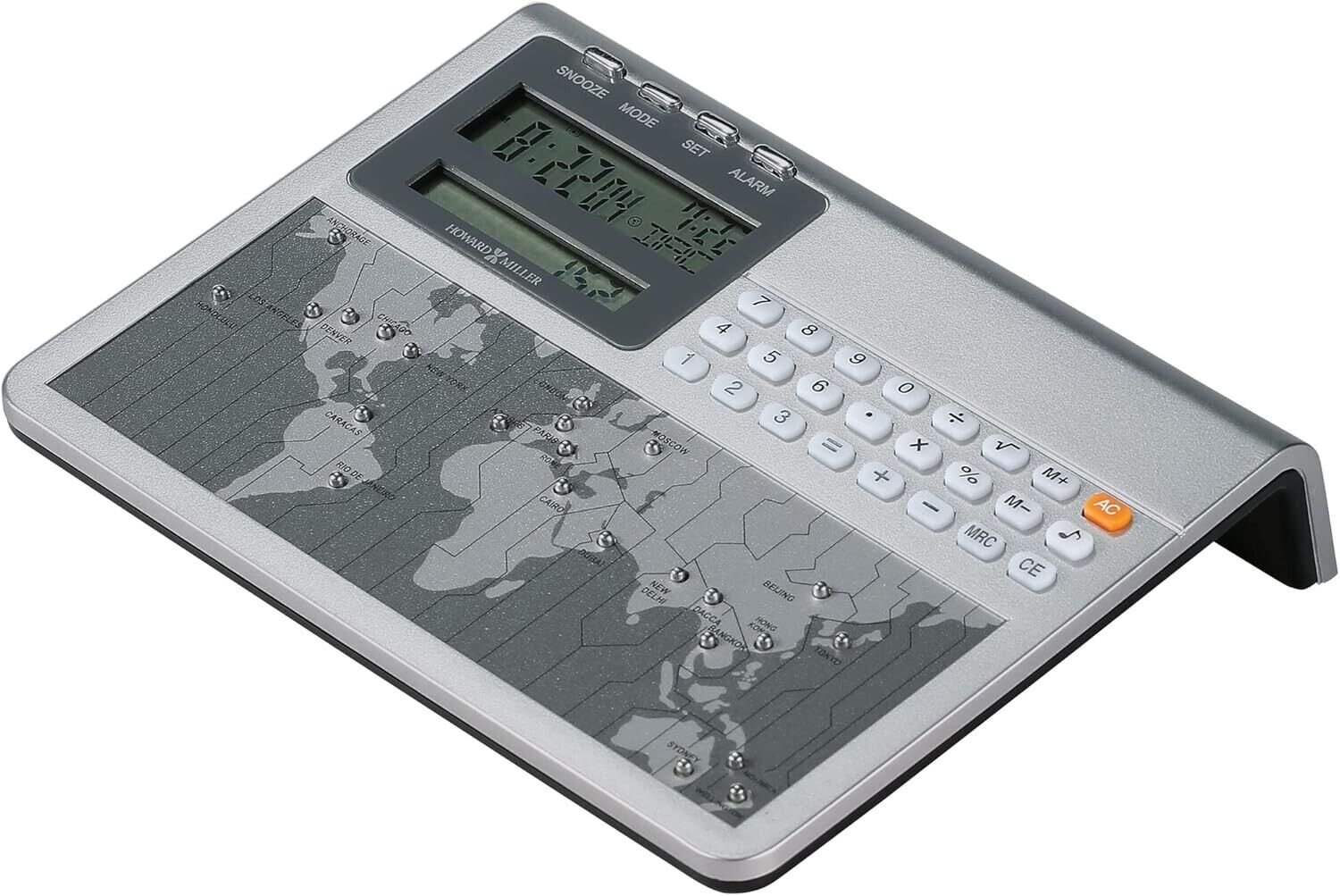 Howard Miller Atlas Silver Tabletop Clock w/Calculator~Shows Time All Over World