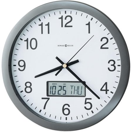 Howard Miller Chronicle Wall Clock 625-195 – Modern Metallic Grey, Flat Bezel Framing, Displays LCD Calendar (Month, Day, Day of Week), Quartz Movement