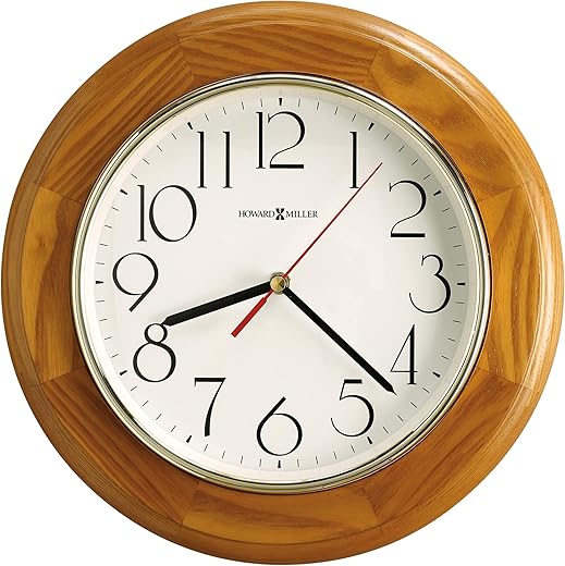 Howard Miller Grantwood Wall Clock 620-174 – 11.5-Inch Champagne Oak Finish, Round Brass-Finished Bezel, Natural Home Decor, White Dial, Quartz Movement Timepiece