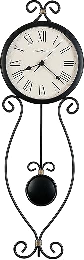 Howard Miller Ivana Wall Clock 625-495 – Wrought-Iron, Antique Black Finish with Gold Highlights, Black Pendulum Bob, Antique Black Bezel, Quartz Movement