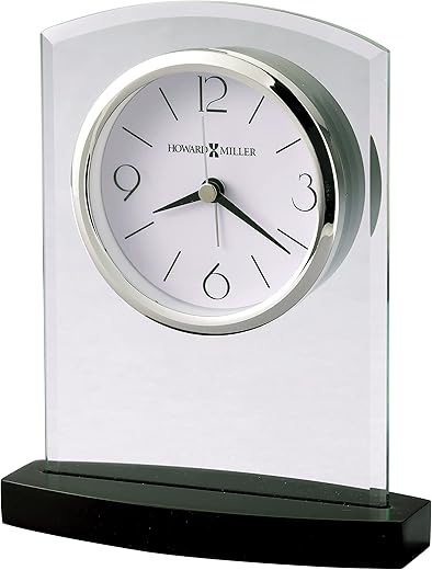 Howard Miller Landre Table Clock 645-841 – Black Satin Wooden Base, Beveled Glass Arch Frame, Black Arabic Numerals, Felt-Covered Bottom, Battery-Operated Alarm Clock, Modern Clock