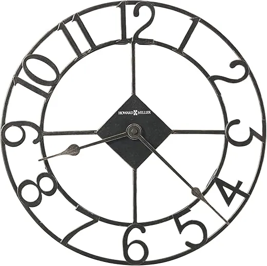 Howard Miller Lindsay Oversized Wall Clock 625-710 – 14-Inch Diameter, Wrought Iron, Charcoal Gray Spade-Style Hands, Vintage Home Décor, Quartz Movement