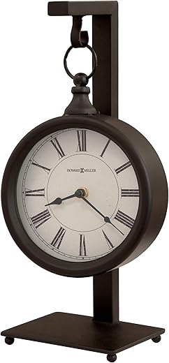 Howard Miller Loman Mantel Clock 635-200 – Metal Antique Black Finished, Rustic Clock Hangs on 14.25-inch Stand, Distressed Black Roman Numerals, Quartz Movement