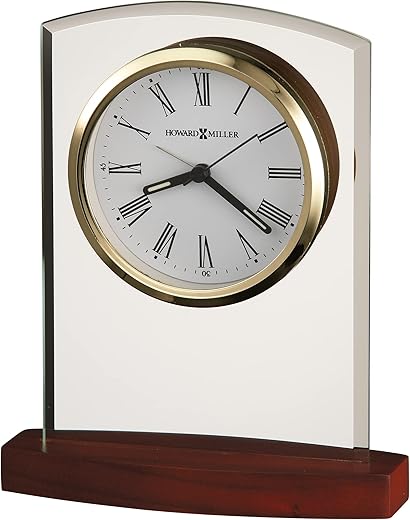 Howard Miller Marcus Table Clock 645-580 – Beveled Glass Arch, Satin Rosewood Finished Base, Polished Gold-Toned Bezel, Modern Decor, Quartz & Alarm Movement