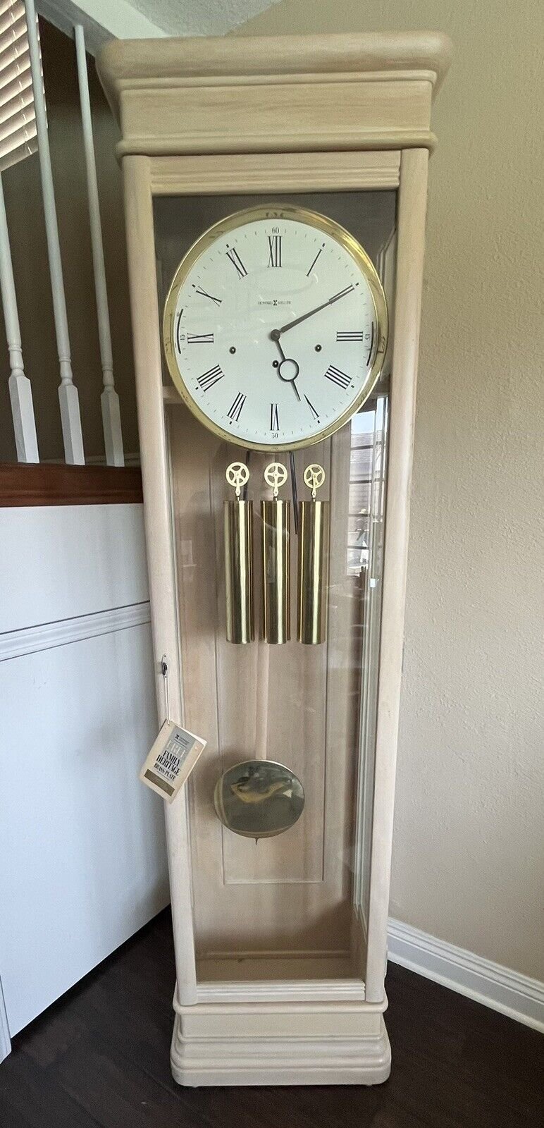 HOWARD MILLER MODERN DESIGN BLONDE GRANDFATHER CLOCK, 1993 MODEL 610-511