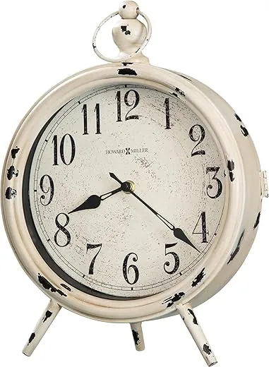 Howard Miller Newdale Mantel Clock II 549-752 – Distressed Antique White Finish, Aged Metal, Black Arabic Numerals, Glass Crystal, Antique Home Décor, Quartz Movement