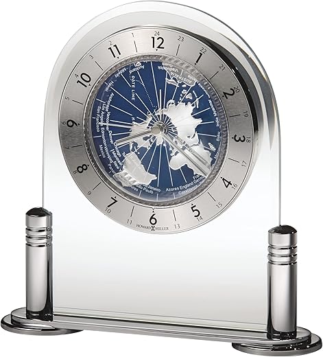 Howard Miller Ponderay Alarm Table Clock 547-775 – Convex Acrylic Crystal, Silver Tone Metal Columns, Contemporary Home Décor, Quartz Alarm Movement