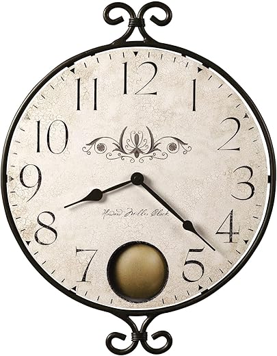 Howard Miller Randall Wall Clock 625-350 – Wrought-Iron Frame with Warm-Gray Finish, Peep Hole Antique Brass Pendulum at The Six Position, Quartz Movement