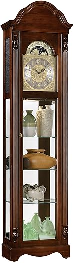 Howard Miller Ridgeway Clarksburg Curio Floor Clock II 2041 – Country Maple Finish Wood Frame, Three Glass Shelves, Interior Light, Vertical Home Decor, Quartz Movement