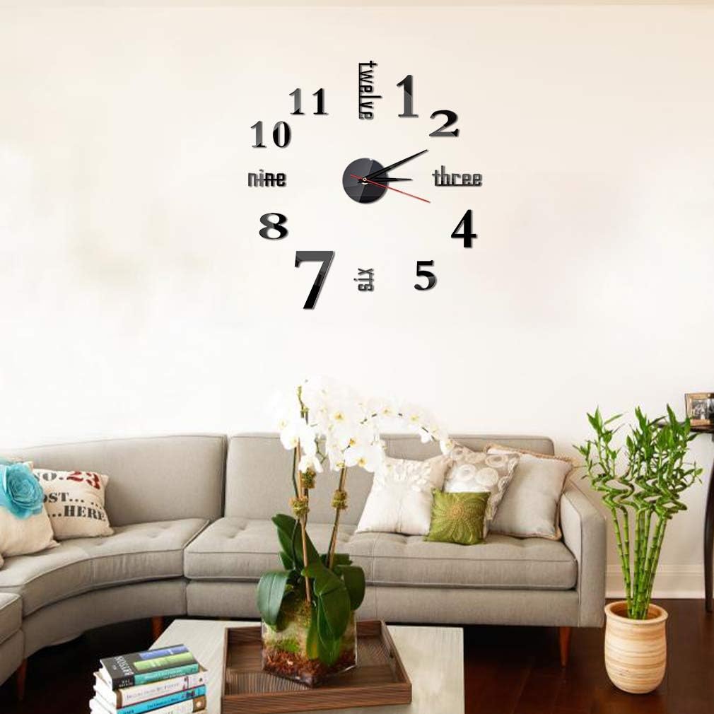 Hxezoc 10inch-20inch Frameless DIY Wall Clock Black 3D Mute Round Shape Quartz Wall Clock Sticker DIY Wall Decoration for Home Living Room Bedroom Office Classroom