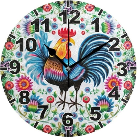 Hyjoy Floral Rooster Round Wall Clock, Battery Operated Silent Non Ticking Desk Clock for Home Bedroom Kitchen Office School Decor Wall Clock 9.9 Inch