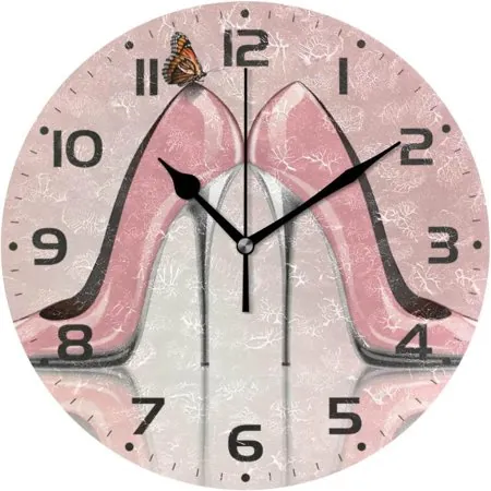 Hyjoy Pink High Heels Butterfly Wall Clock 10 Inch Silent Non Ticking Round Clock Oil Painting Clock Easy to Read Clock for Living Room Bedroom Bathroom Home Decor