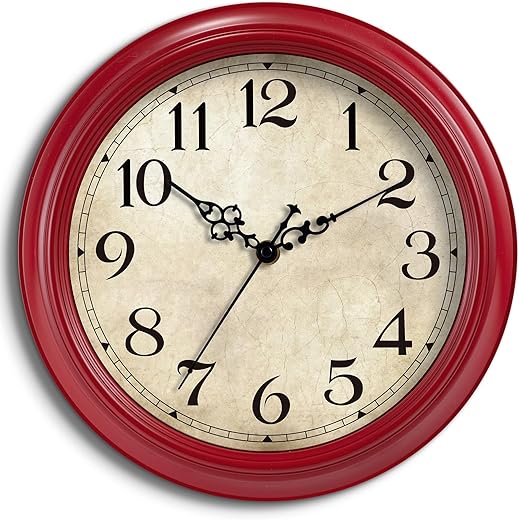 HYLANDA Wall Clock, 12 Inch Red Wall Clocks Battery Operated, Kitchen Vintage Clocks Silent Non Ticking, Farmhouse Retro Country Clocks Decorative for Bedroom, Living Room, Home(12