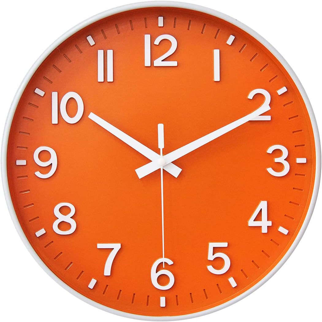 HZDHCLH Wall Clocks Battery Operated,12 inch Silent Non Ticking Modern Wall Clock for Living Room Bedroom Kitchen Office Classroom Decor (Orange & White)