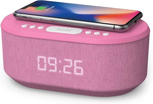 i-box Dawn, Alarm Clock Radio, Alarm Clocks for Bedrooms, FM Radio, Alarm Clock with Wireless Charging, Wireless Speakers with Bluetooth, Digital Alarm Clock, USB Port, Dimmable Night Light (Pink)