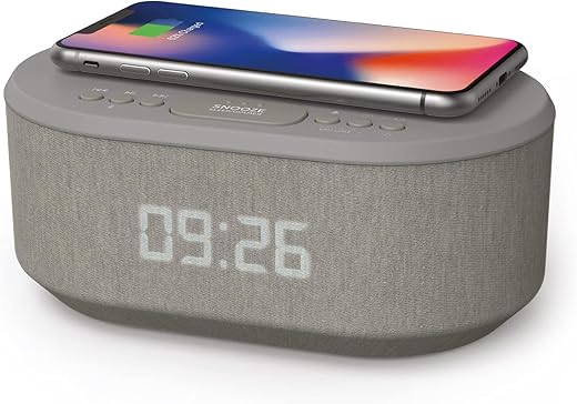 i-box Dawn, Alarm Clock Radio, Alarm Clocks for Bedrooms, FM Radio, Digital Alarm Clock with Wireless Charging, Speakers with Bluetooth, USB Port, Dimmable Night Light (Grey)