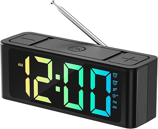 I·CODE Radio Alarm Clock, AM/FM Radio with Auto-on Timer, Dual Alarm, Snooze, Loud Alarm,Large RGB Display with Big Button,Outlet Powered for Bedroom