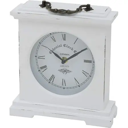 Iconic Colonial Mantel Clock, Roman Numerals, Vintage Style, Glass, White, Distressed Finish, Wood, Metal, 8 1/4 L x 2 1/2 W x 9 1/2 H Inches, 1AA Battery (Not Included)