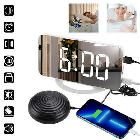 IFCOW Alarm Clock for Heavy Sleepers , 8.7'' Large LED Digital Mirror Alarm Clock with USB Charger, Vibrating Alarm Clock with Bed Shaker, Backup Snooze Dual Alarm Dimmer