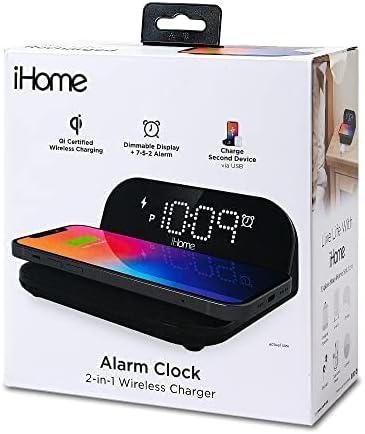 iHome Alarm Clock with Wireless Charging, iPhone Charger and Samsung Charger with USB Charger for Apple and Android Devices