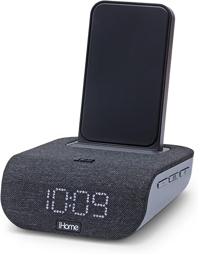 iHome Alarm Clock with Wireless Charging, USB Charging, and Bluetooth Speaker, Digital Alarm Clock for Bedroom, Home Office, or Dorm (IBTW20BX)