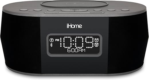 iHome iBTW38 Digital Alarm Clock with USB and Qi Wireless Charging for iPhone 13, 13 Pro ,13 Mini 12,11, XR, XS, X, 8, Galaxy S20, Z Flip, Fold, S10, S9, S8, Note 10, 9 and More