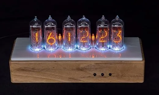 IN-14 Nixie Tube Clock in Marble and Teak Stuffed with Vision and Sound Effects by Millclock (White Italian Marble)