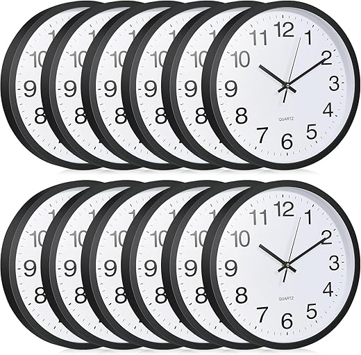 Inbagi 12 Pieces Silent Wall Clock Large 12 Inches Quartz Analog Clock Non Ticking Round Easy to Read Battery Operated Classroom Clock for Office School Kitchen Bedroom Living Room Decorative