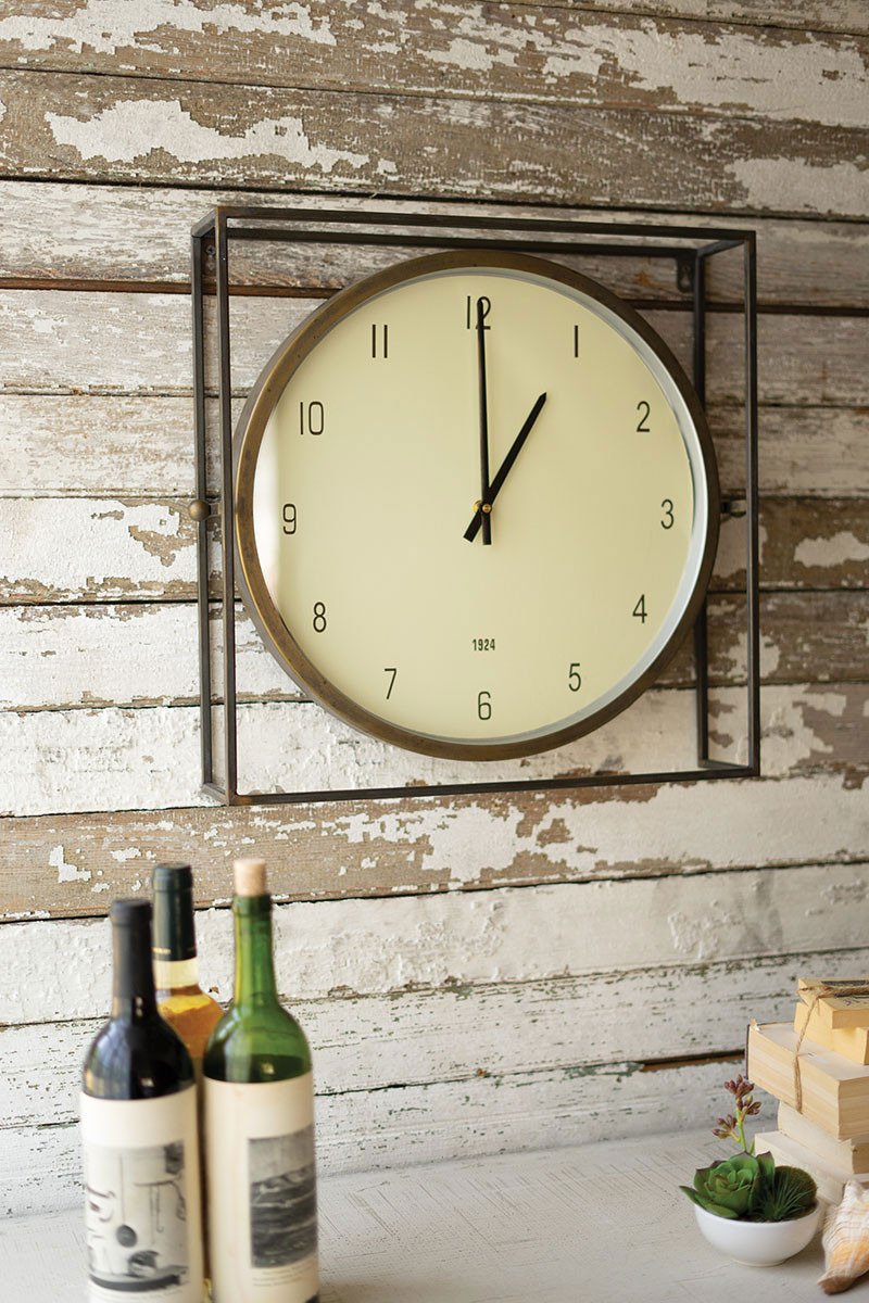 Industrial Round Wall Clock Square Metal Frame Antique Style Home Decor