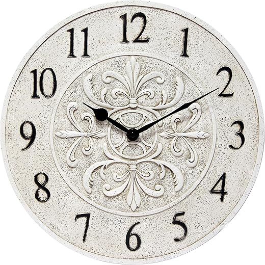 Infinity Instruments Blanc Fleur 15 inch Decorative Outdoor Wall Clock for Garage, Patio, Backyard, Outdoor Wall, Fence Vintage Ivory Antique Easy to Read Battery Operated