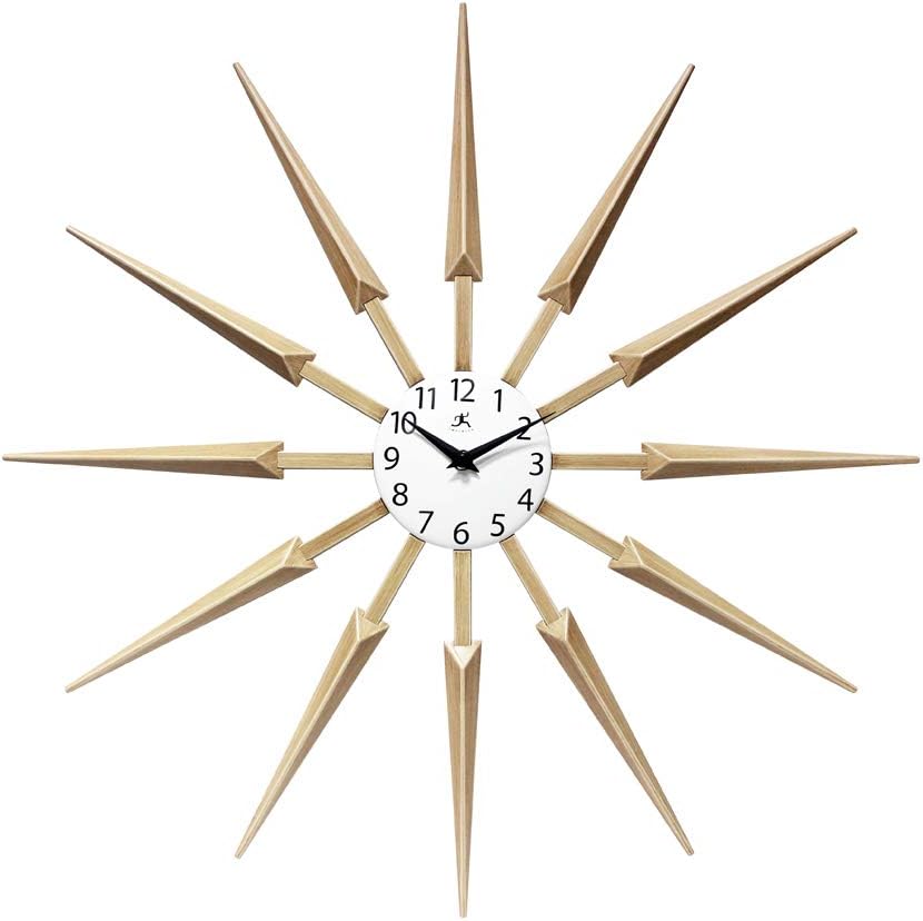 Infinity Instruments Celeste Starburst Wall Clock, Retro Midcentury Spoke Design, Easy to Hang Keyhole, 24 Inch, Natural Wood Look Finish