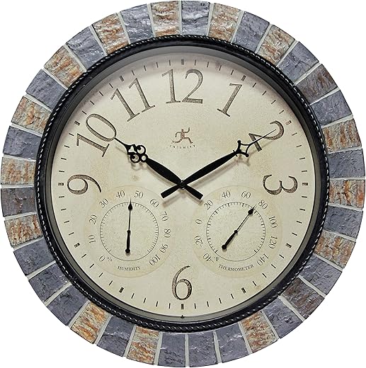 Infinity Instruments Inca II 18 inch Outdoor Clock Thermometer Combo Patio Waterproof Large Wall Weather Station Weatherproof Designer Faux Stone Mosaic Decorative Outdoor Wall Clock