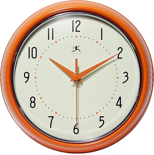 Infinity Instruments LTD. Retro 9 inch Silent Sweep Non-Ticking Mid Century Modern Kitchen Diner Wall Clock Quartz Movement Retro Wall Clock Decorative (Orange)…