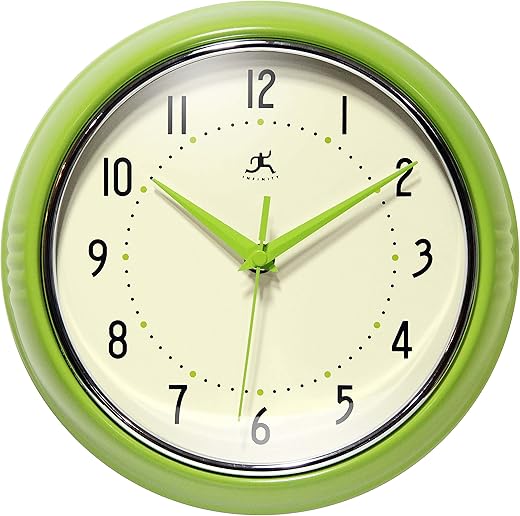 Infinity Instruments LTD. Retro 9 inch Silent Sweep Non-Ticking Mid Century Modern Kitchen Diner Wall Clock Quartz Movement Retro Wall Clock Decorative (Apple Green)…