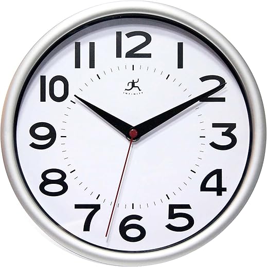 Infinity Instruments Metro 9 Inch Round Silent Non- Ticking Modern Wall Clock, Modern Style Décor for Any Room, Easy to Read Face, Silver