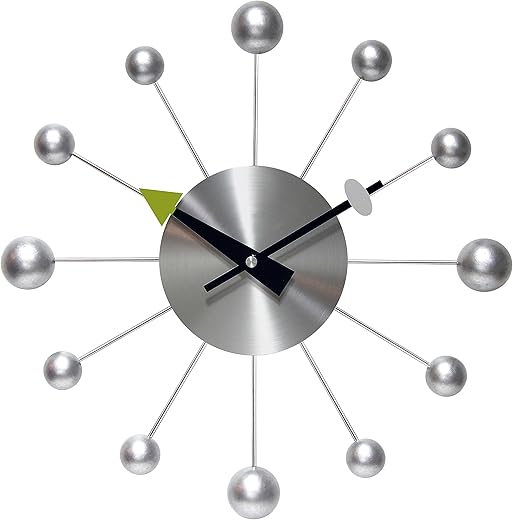 Infinity Instruments Orb Spoke Midcentury Modern 15 inch Retro Starburst Ball Wall Clock Quiet Quartz Movement Mid Century Modern Decorative (Silver)