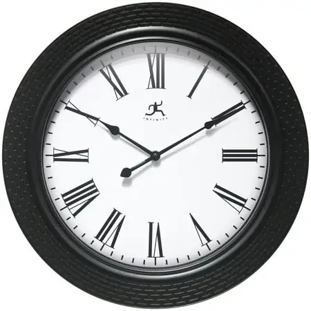 Infinity Instruments Roman Weave Plastic 16 Indoor Wall Clock with Roman Numerals & Quartz Movement for Accurate Timekeeping, Black