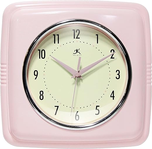 Infinity Instruments Square Silent Retro 9 inch Mid Century Modern Kitchen Diner Retro Wall Clock Quartz Sweep Movement (Pink)