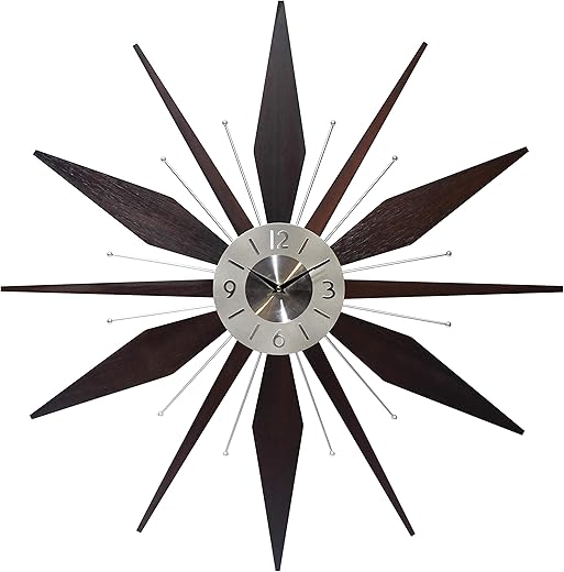 Infinity Instruments Utopia Mid-Century 30 inch Wood and Metal Wall Clock, Walnut Dark Wood