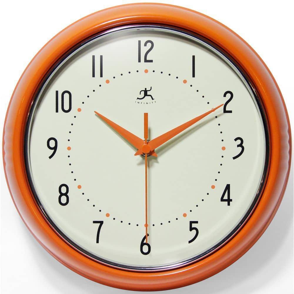 Infinity Instruments Wall Clock 9-1/2 in Retro Classic Round Glass Metal Orange