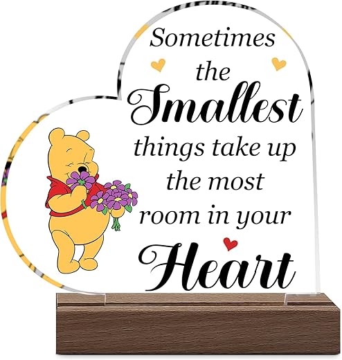 Inspirational Funny Winnie The Pooh Heart Clear Acrylic Desk Sign with Wood Stand, Home Bedroom Office Positive Plaque Decor Sign for Daughter, Friend, Sister, Birthday Christmas Gift