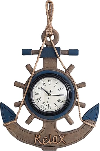 Interior Decoration Wall Clock,Anchor Clock Beach Sea Theme Nautical Ship Wheel Rudder Steering Wheel Decor Wall Hanging Decoration (Blue)