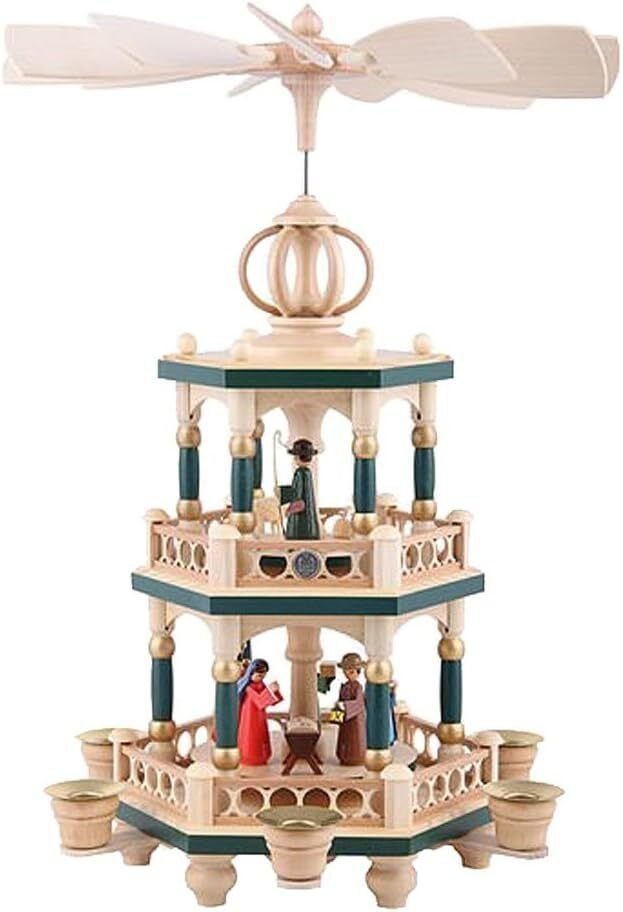 ISDD Cuckoo Clocks Mueller Nativity Pyramid Green Color 3 Level Made in Germany