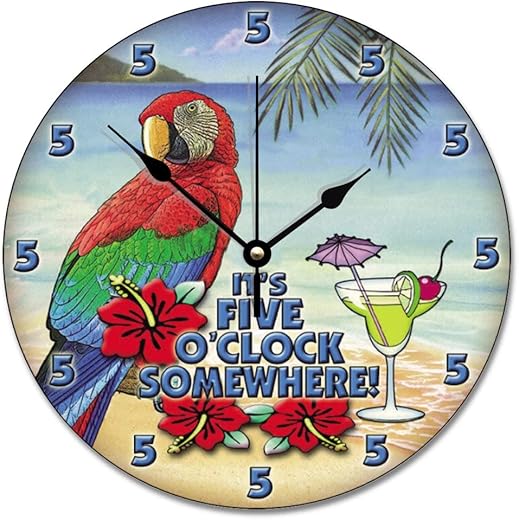 It 5 Oclock Somewhere Wall Clock Parrot Martini Retired Wood Clock 10 inch Wall Clock Battery Operated Silent Non Farmhouse Wall Decor Home Decor for Bathroom Kitchen Living Room Bedroom