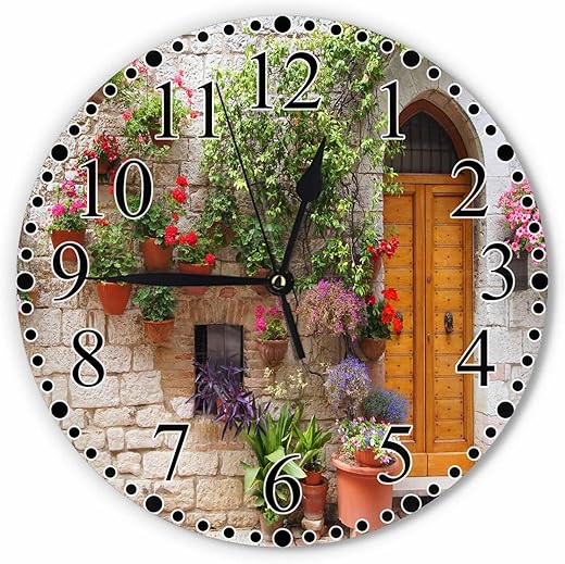 Italian Hill Town of Assisi Wall Clock 10 Inch Battery Operated Colorful Flowers Outside A Home Clock Silent Non-Ticking Modern Clocks Decorative for Home Kitchen Living Room Bathroom Office