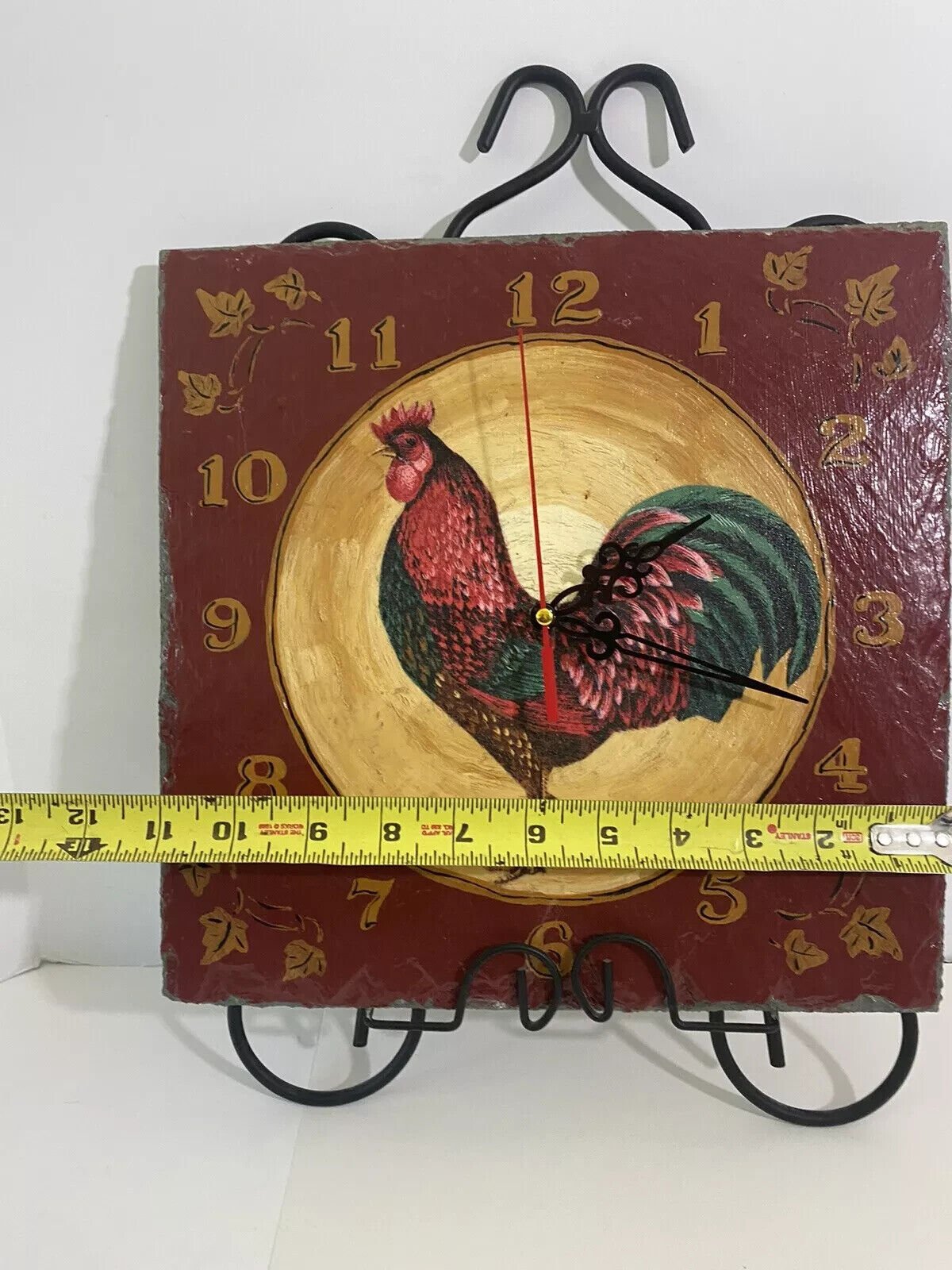 Italian Tile Clock Rooster Chicken 8" Square Farmhouse Hand-Painted Red Gold