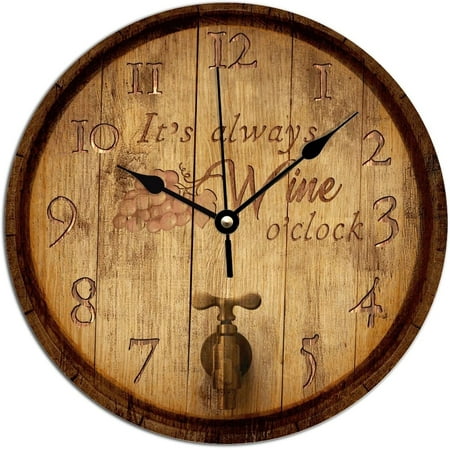 Its Always Wine O'Clock Vintage Wood Wall Clock Battery Operated Quartz Silent Clock Grape Fruit Wine Lover Wooden Clocks For Bathroom Bedroom 12X12In Birthday Housewarming Gift