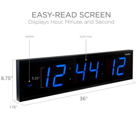 Ivation 36 Large Digital Clock, 6-Level Brightness, LED Wall Clock, Blue