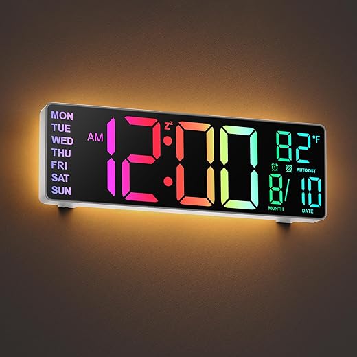 JALL 10.5'' Large Digital Wall Clock with Remote Control, Dual Alarm with Big LED Screen Dispaly, 8 RGB Colors, Auto DST, Temperature for Living Room, Bedroom, Gift for Elderly (White, 10.5 inches)