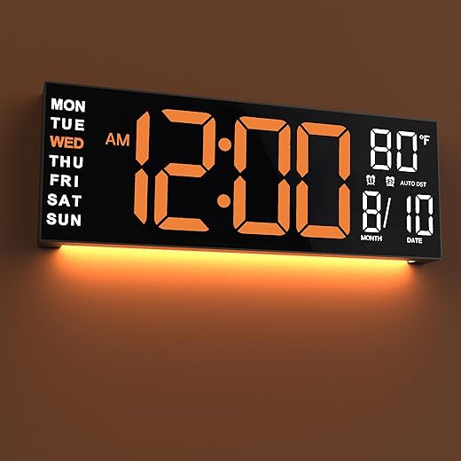 JALL 16 Large Digital Wall Clock Timer, Remote Controll, 2 Alarms, LED Display, 8 RGB Color, Auto DST, Temperature for Living Room, Bedroom, Desk, Mounted, Gift for Elderly (Orange White, 16 inches)